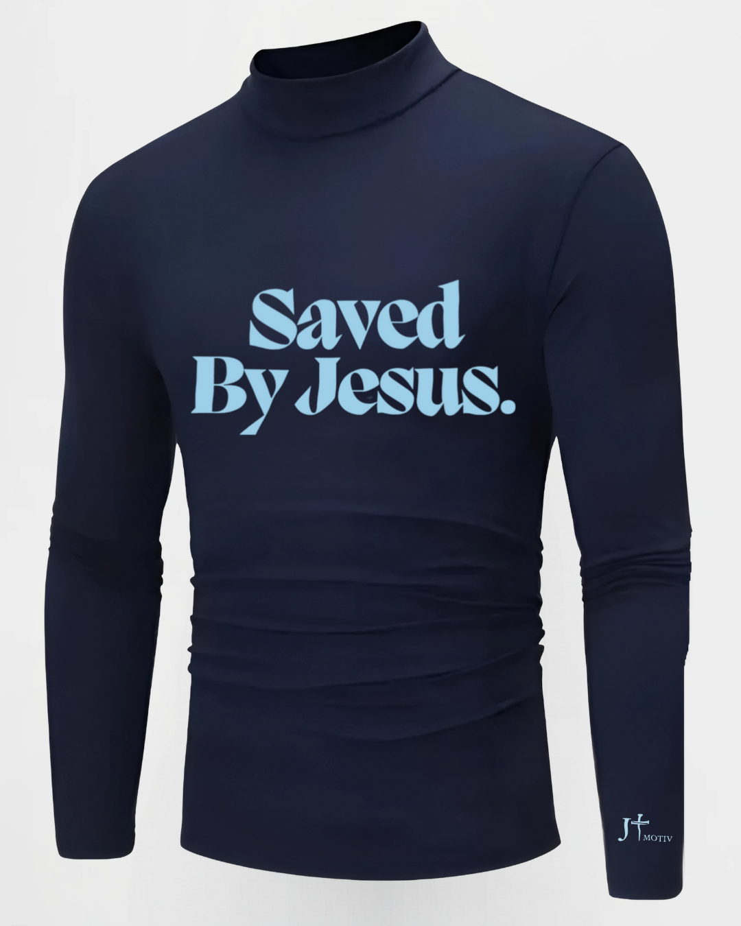 "Saved By Jesus" Half Turtleneck T-Shirt in Dark Blue