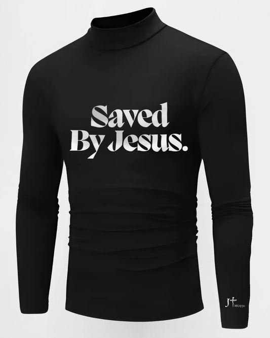 "Saved By Jesus" Half Turtleneck Pullover in Black