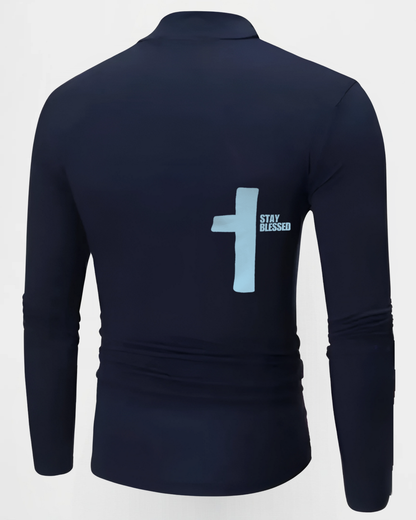 "Blessed By God" Half Turtleneck Pullover in Dark Blue