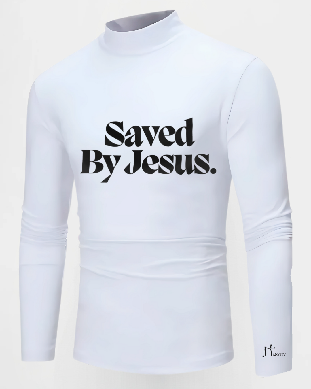 "Saved By Jesus" Half Turtleneck Pullover in White